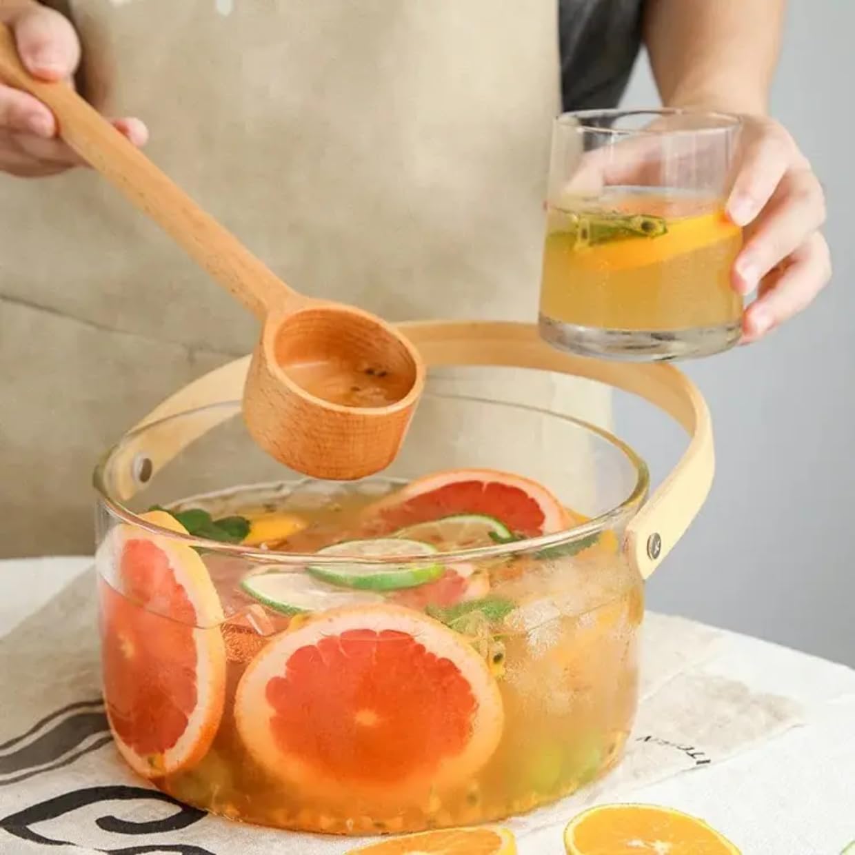 Elegant Glass Serving Bowl with Wood Handle