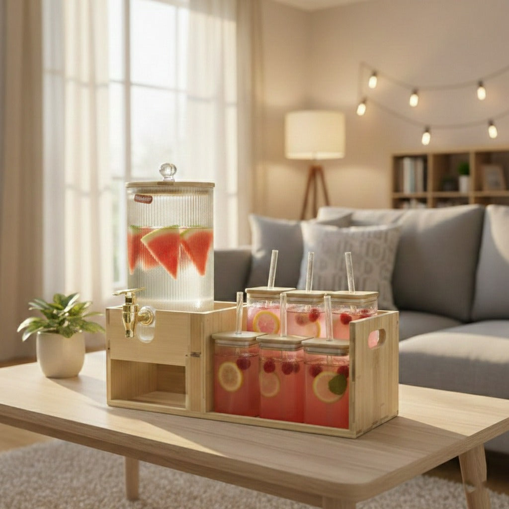 Beverage Station -Glass Dispenser and Tumblers with Straws