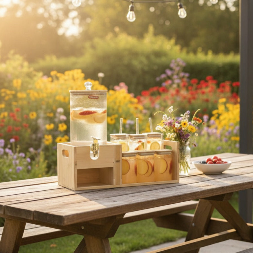 Beverage Station -Glass Dispenser and Tumblers with Straws